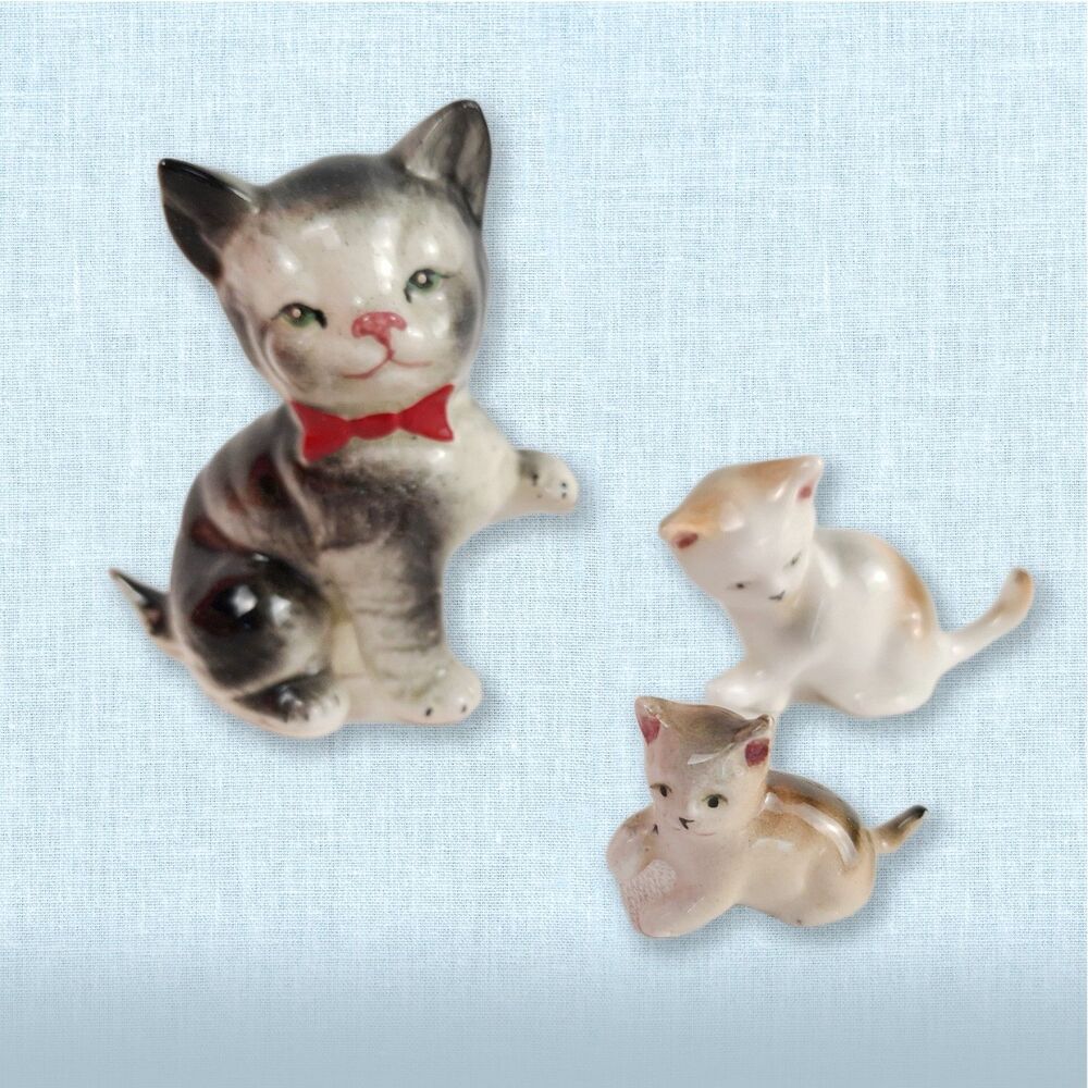 Set of 3 Vintage Tiny Ceramic Tabby Kitties, a Big Boy & 2 Kittens Japan 1940s